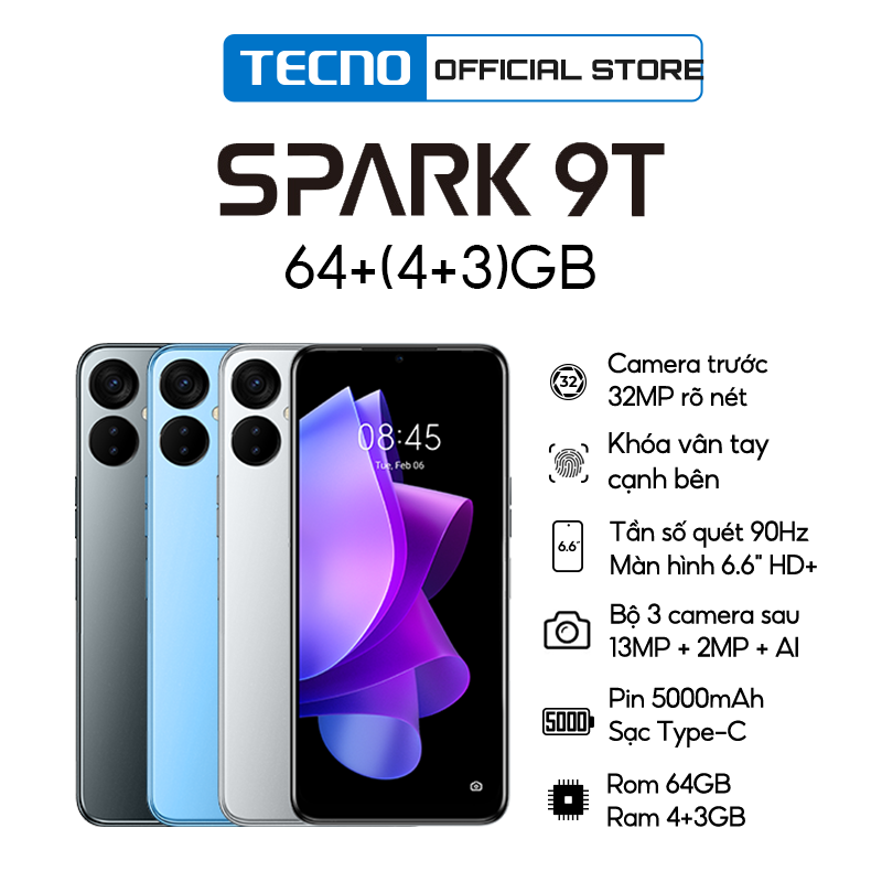 Điện thoại thông minh Tecno Spark 9T 4GB/64GB - Camera selfie 32MP - Hàng Chính Hãng