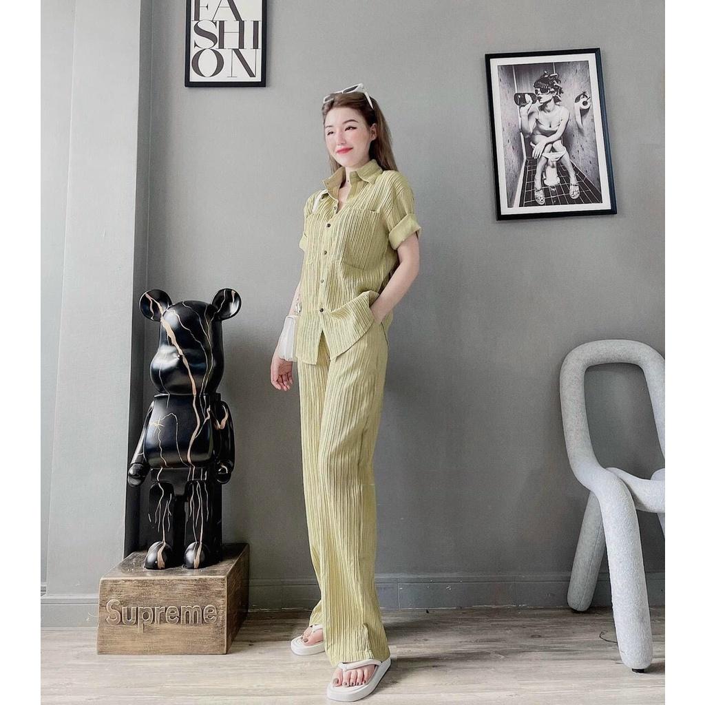 Bộ Áo Sơ Mi Cộc Tay Quần Culottes Nữ Vải Xốp Gân