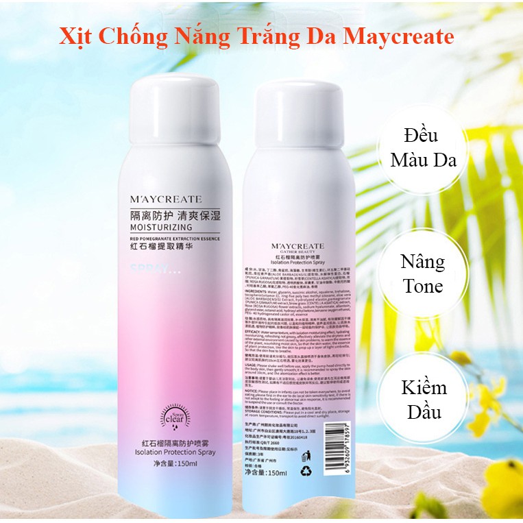 Xịt chống nắng MayCreate nâng tone,chống nước 150ml