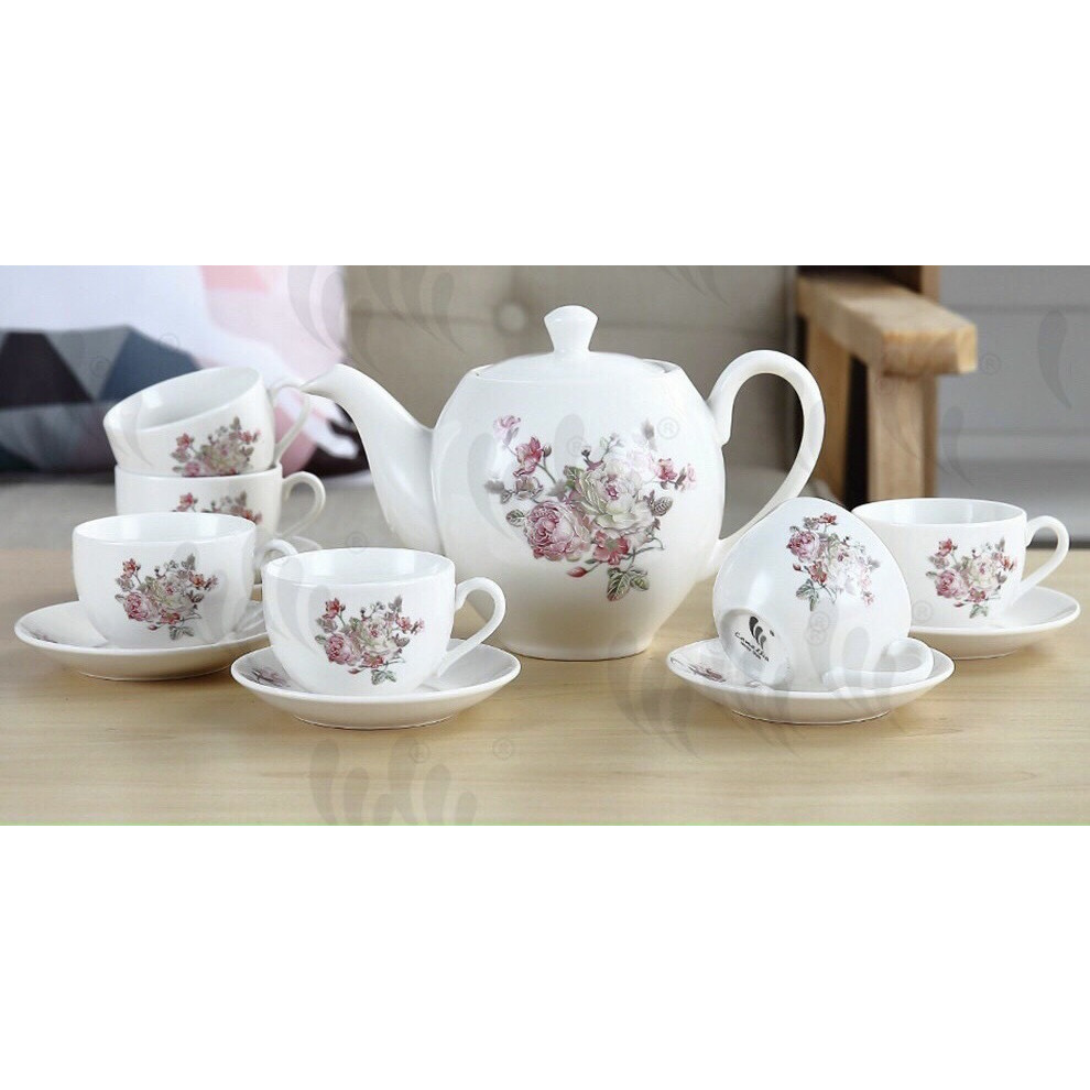 Bộ cốc chén phà trà sứ camelia kèm 7 đĩa lót tách trắng họa tiết hoa hồng - ANTH463