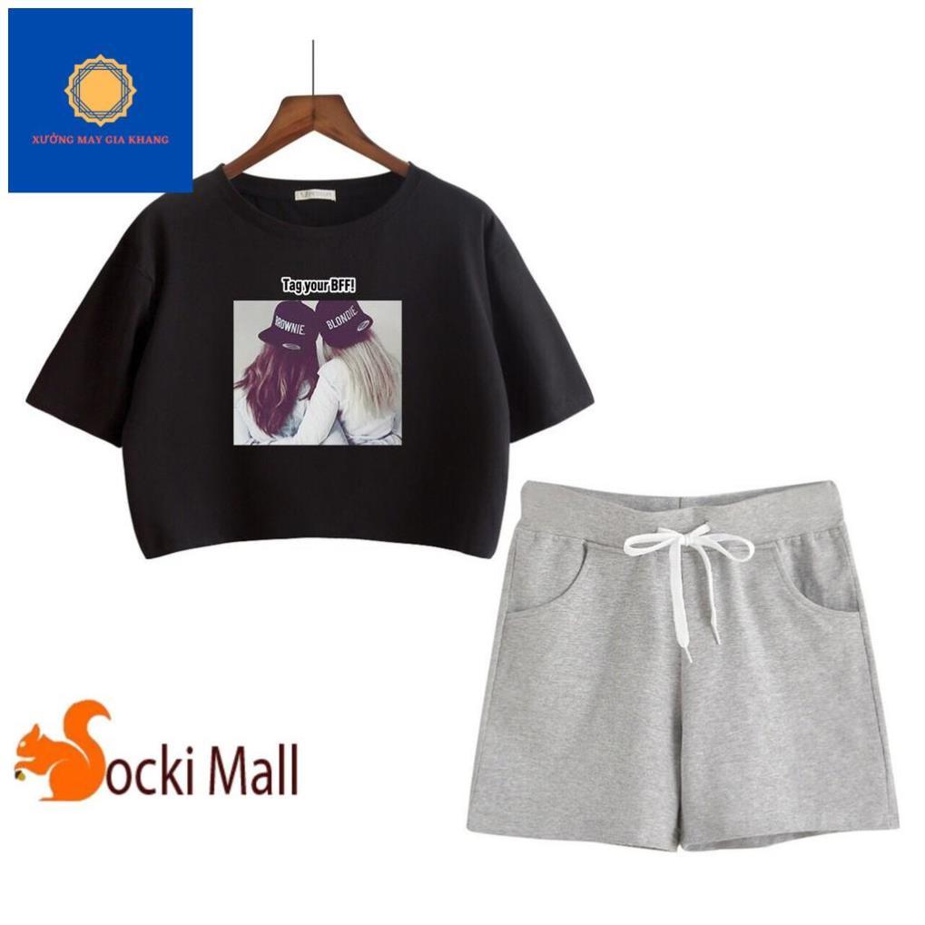 Đồ bộ quần áo thun bé gái Croptop áo form rộng, in đôi bạn thân, quần ôm thoải mái vận động - Quần áo trẻ em