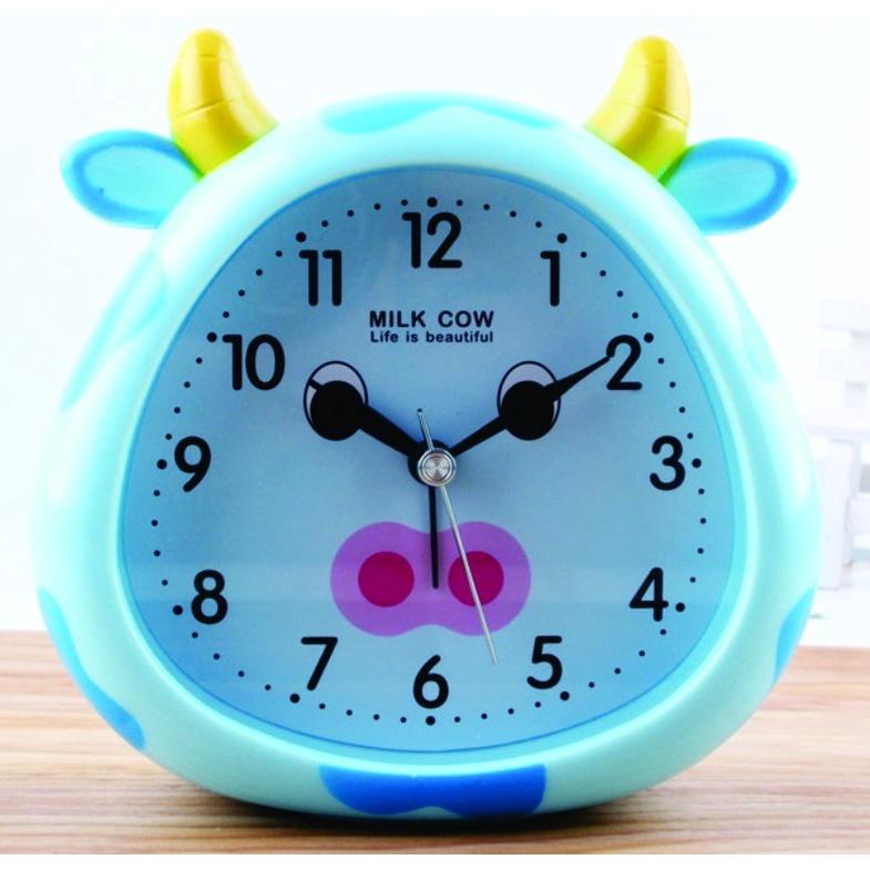 Đồng hồ báo thức họa tiết bò sữa, đồng hồ để bàn hoạt hình dễ thương trang trí sáng tạo cho bé