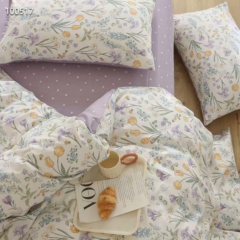 Set Cotton Living Hàn Quốc Hàng Nhập Khẩu Cao Cấp 4 Món Hoa Tím Vintage