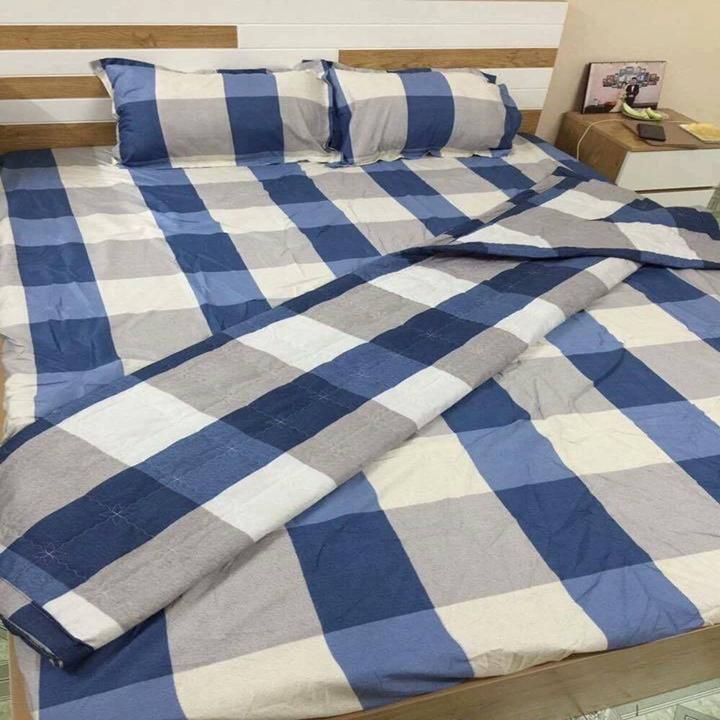 BỘ DRAP COTTON PHA  CARO XANH