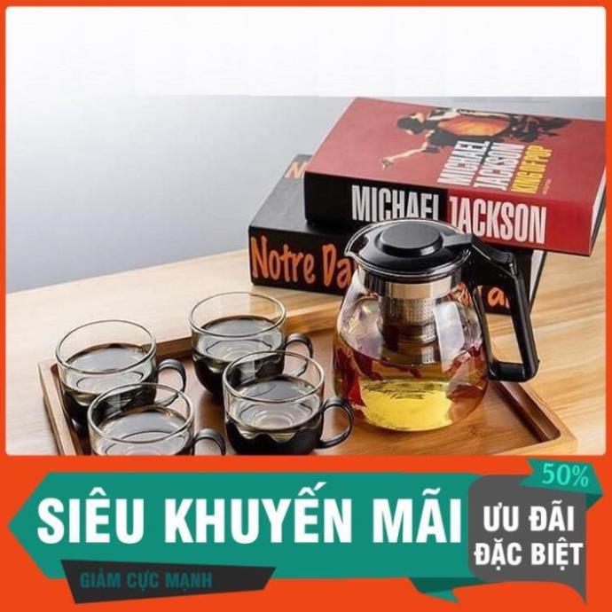 Bộ ấm trà thủy tinh có lưới lọc kèm 4 ly