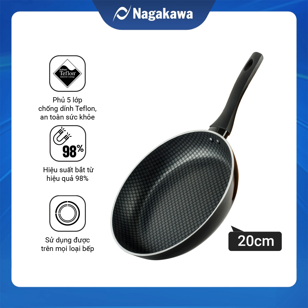 Chảo cạn đáy từ 5 lớp chống dính cao cấp Nagakawa - Dùng trên mọi loại bếp - Hàng chính hãng