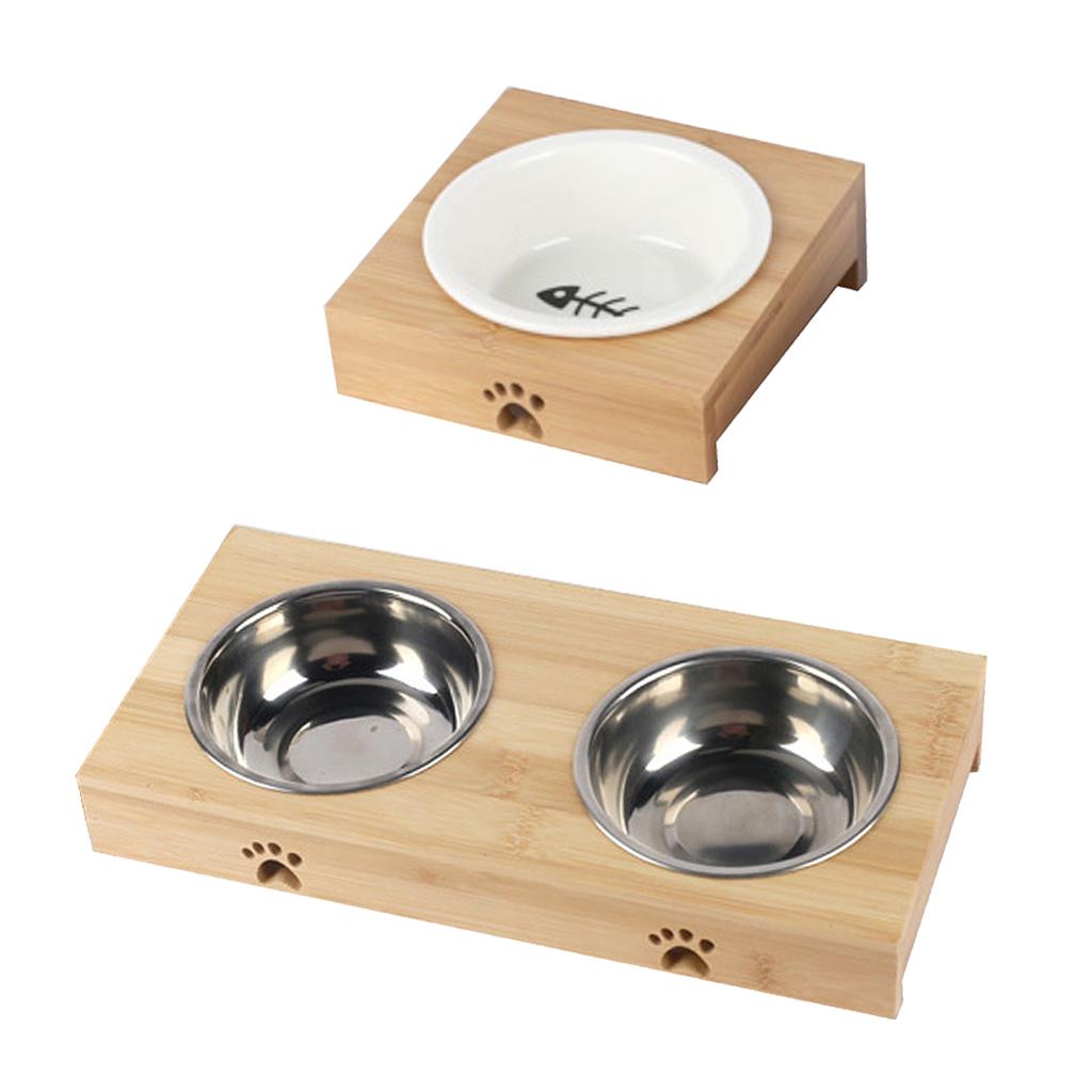 Elevated Dog and Cat Pet Bowls Feeder With Bamboo Frame & Ceramic Single Bowl