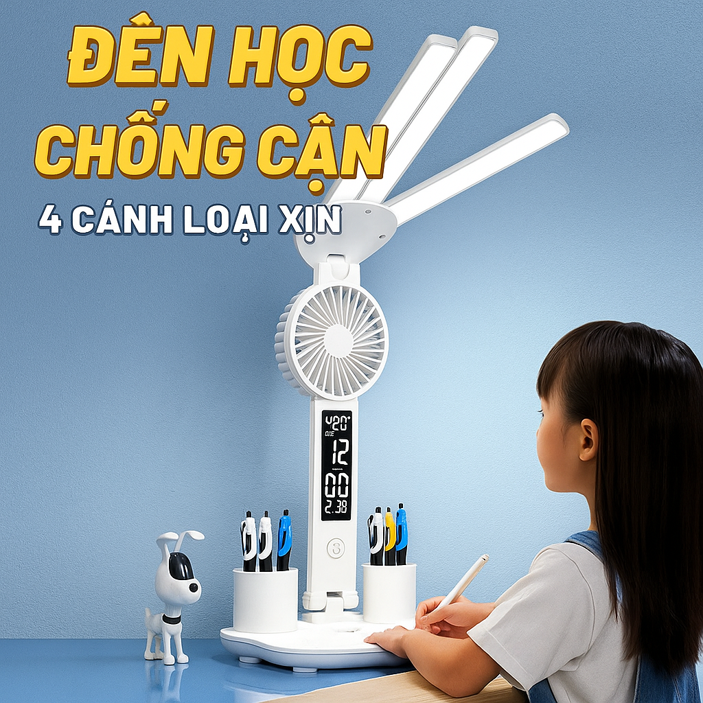 Đèjn Học Chống Cận Đa Chức Năng – 4 Cánh LED, Đồng Hồ, Hộp Bút, Quạt Siêu Mát