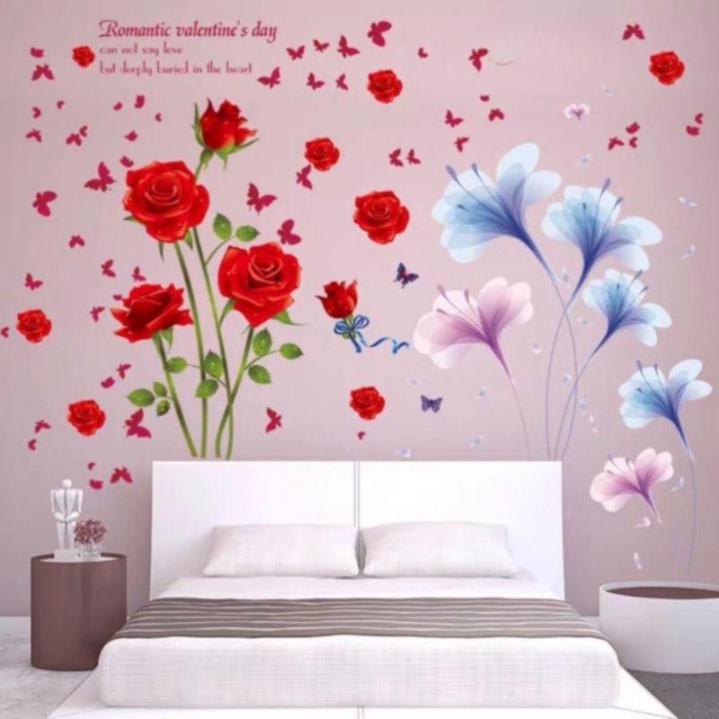 Tranh dán tường, decal dán tường hoa hồng đỏ và pha lê tím