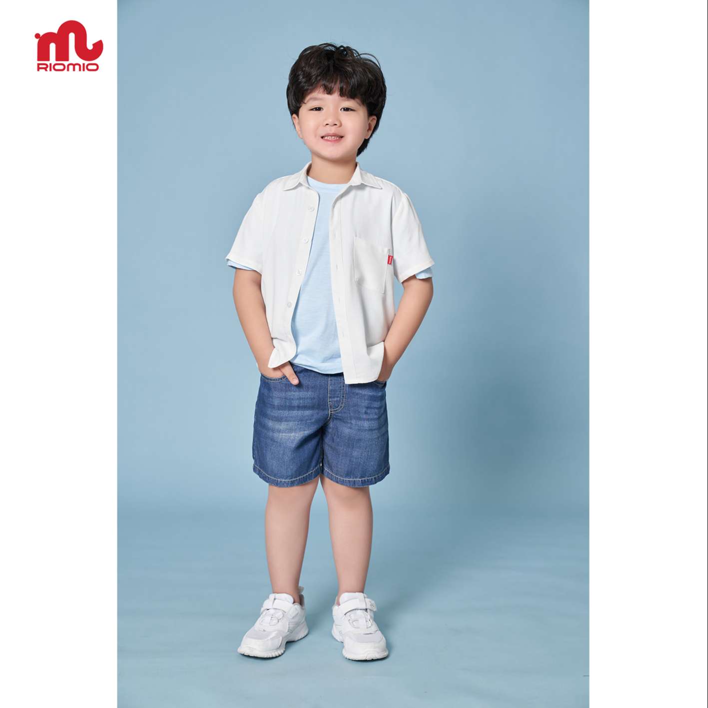 Quần short jean bé trai 3-11 tuổi (15-40kg) RIOMIO sooc bò ống rộng cạp chun 100% cotton sợi tencel - RM217