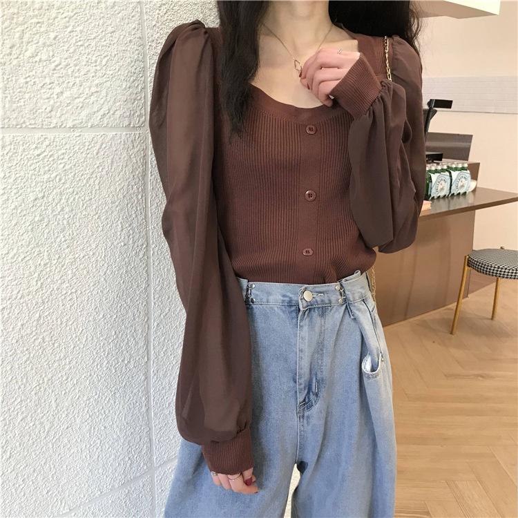 MS351 Áo len nữ cổ vuông tay voan bồng