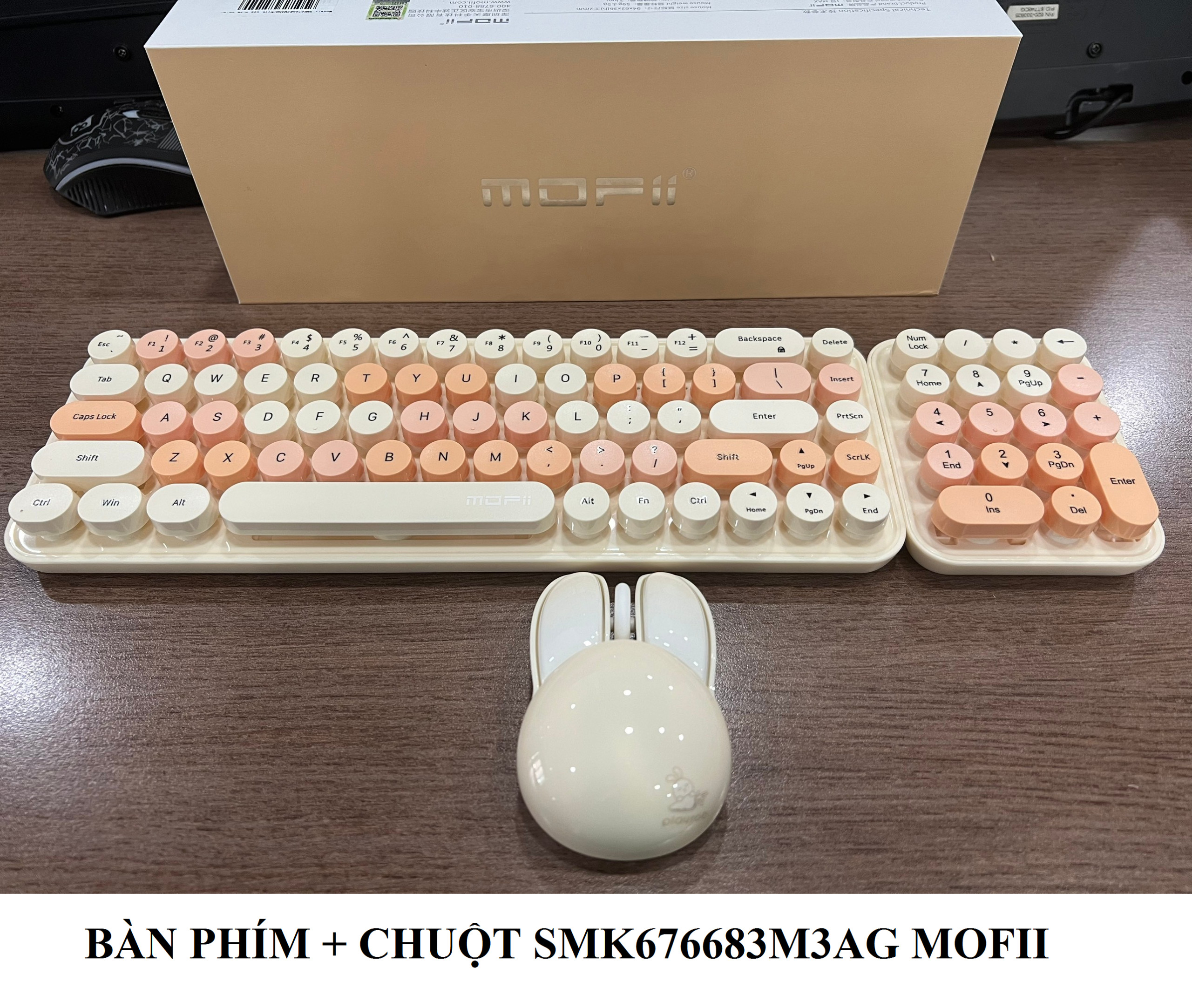 BỘ BÀN PHÍM + CHUỘT+ PHÍM SỐ SMK676683M3AG KHÔNG DÂY MÀU NÂU TRÀ SỮA MOFII THIẾT KẾT VINTAGE-HT