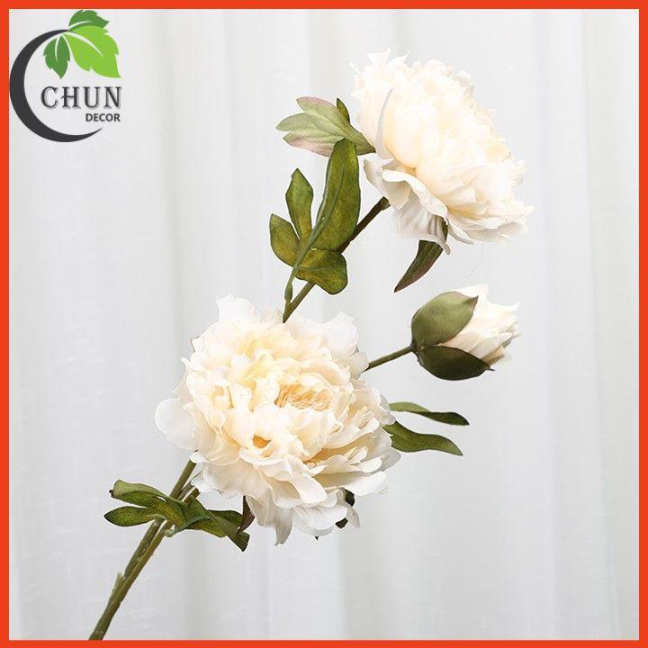 Hoa lụa cao cấp, cành hoa mẫu đơn 2 bông 1 nụ dài 70cm