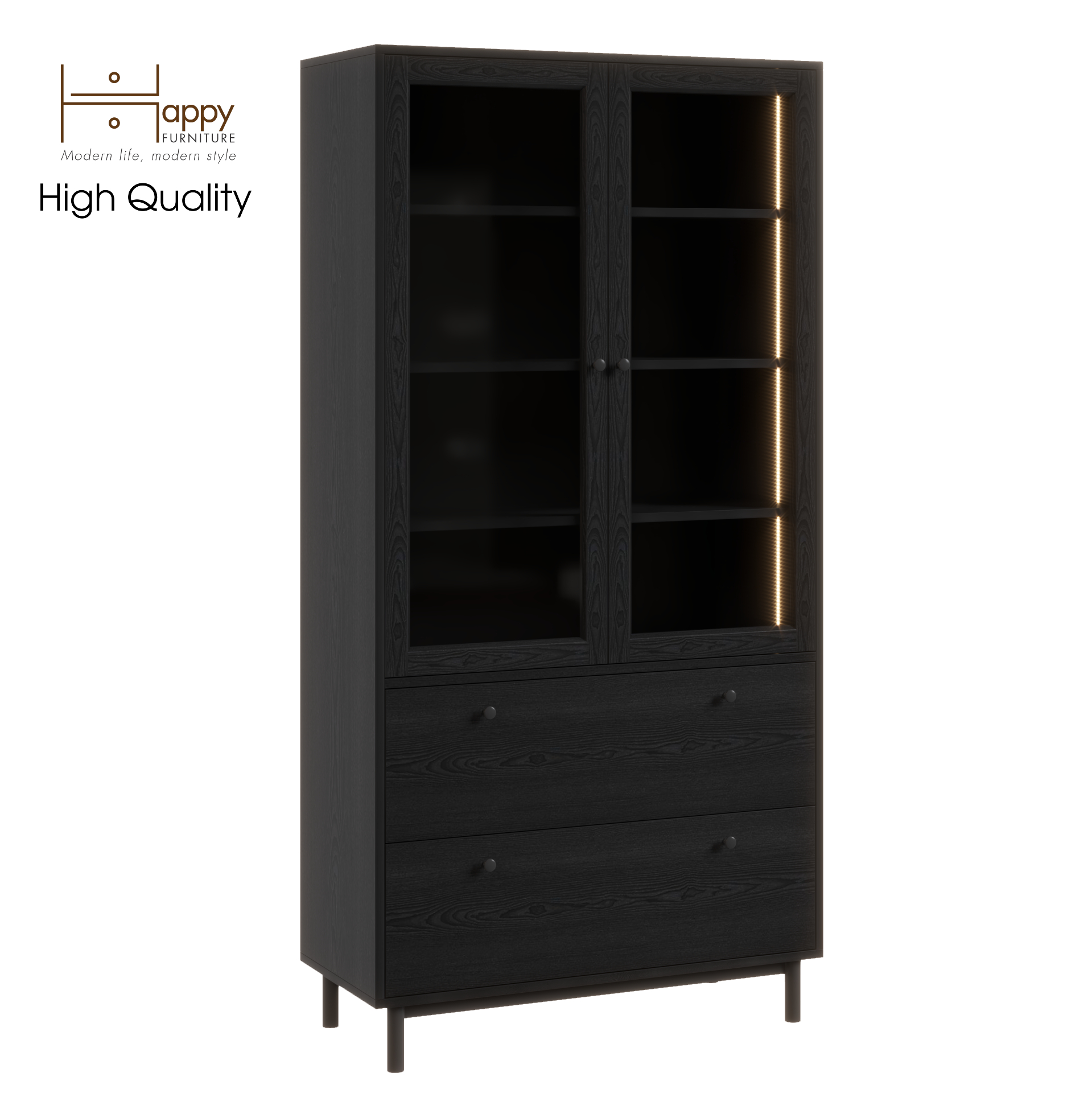 [Happy Home Furniture] CATY ,Kệ sách cửa kính 2 ngăn kéo - đèn LED - chân sắt, 90cm x 39cm x 180cm (DxRxC), KSA_019_LED