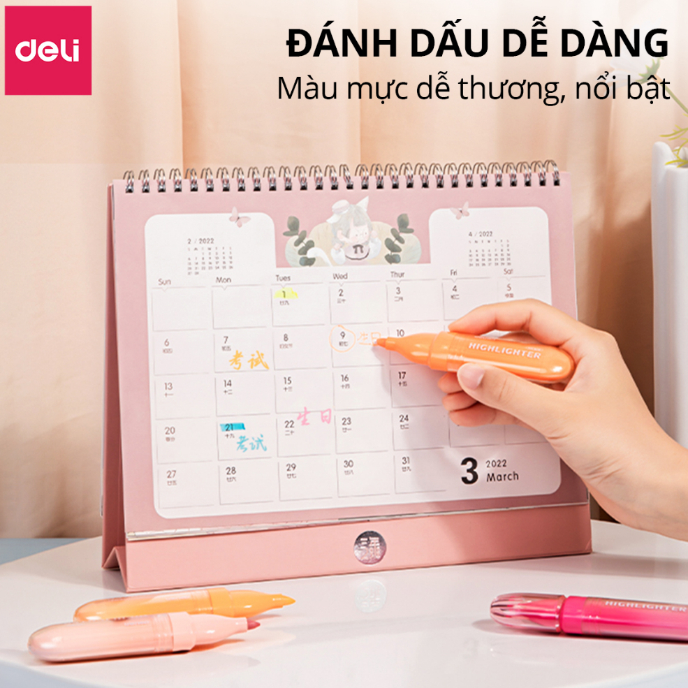 Combo 4 Bút Highlight Đánh Dấu Nhớ Dòng Dạ Quang Deli Màu Pastel Dùng Cho Học Sinh, Học Tập, Văn Phòng Tiện Dụng Nhanh Khô