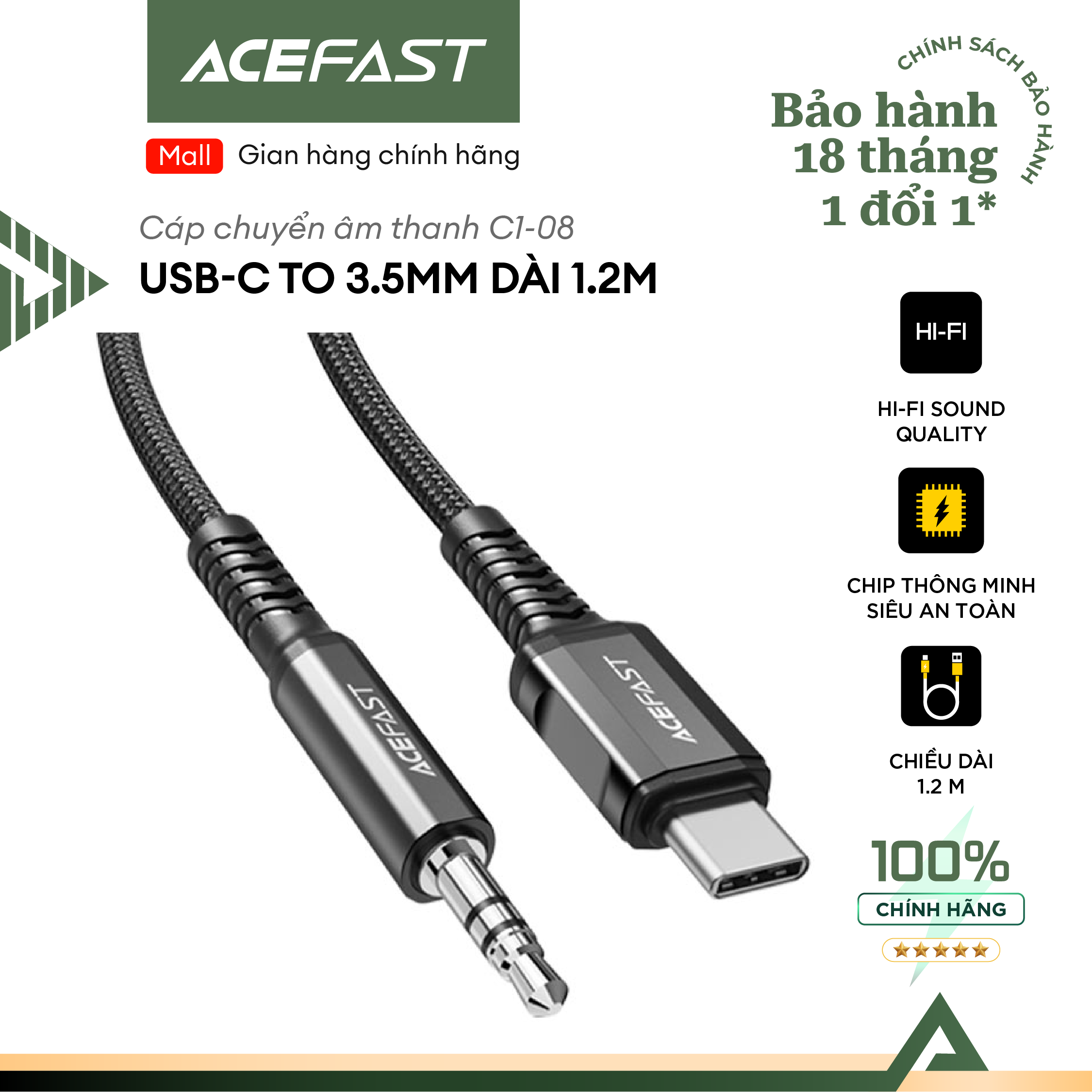 Hình ảnh Cáp chuyển âm thanh Acefast USB-C to 3.5mm (1.2m) - C1-08 Hàng chính hãng Acefast