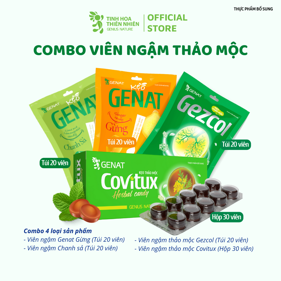 Combo 4 sản phẩm - Kẹo thảo mộc Covitux, Gezcol, Genat Gừng, chanh sả, kẹo - genat - Tinh Hoa Thiên Nhiên