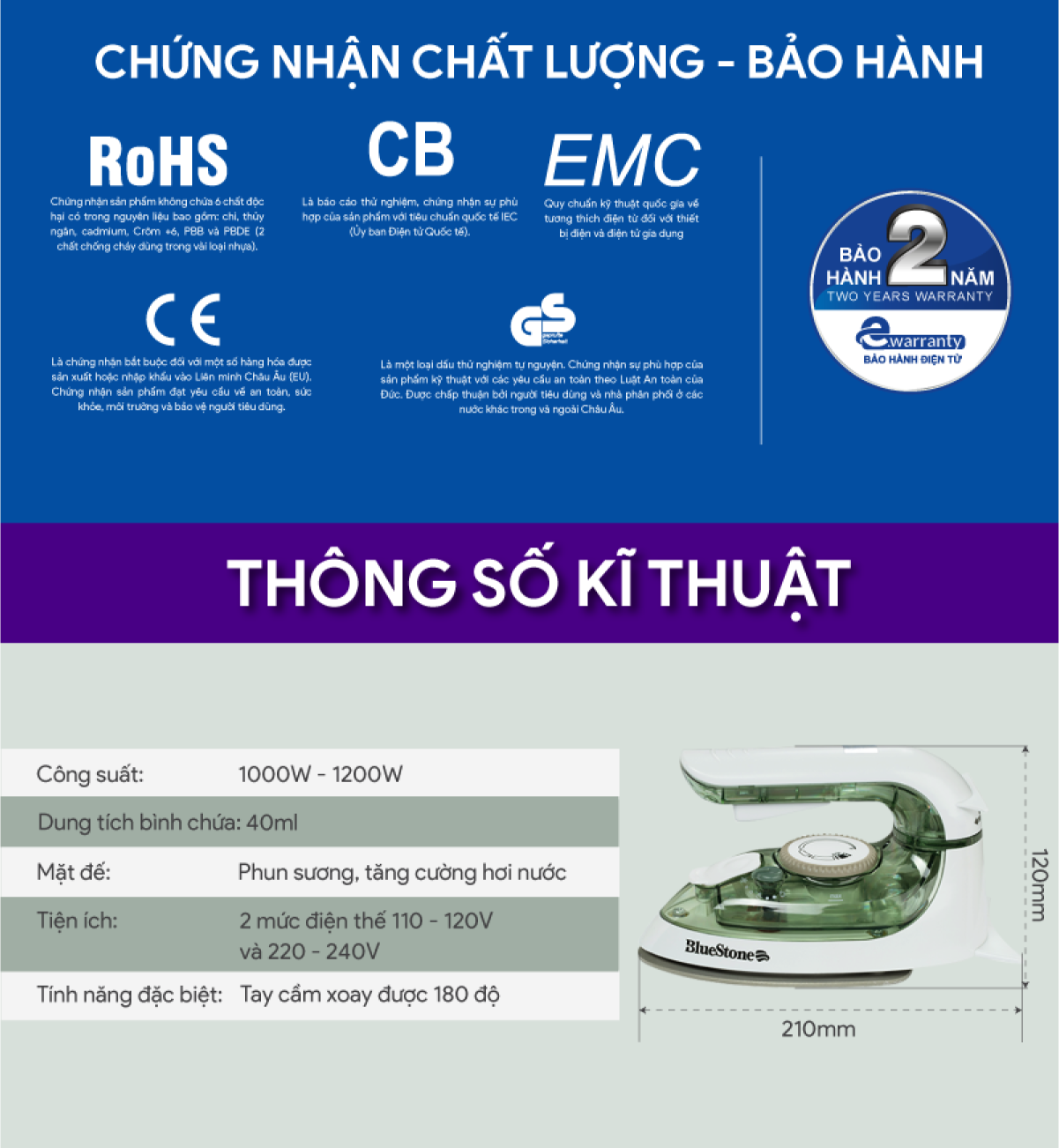 Bàn ủi hơi nước du lịch mini BlueStone SIB-3819 (1200W) - Hàng Chính Hãng