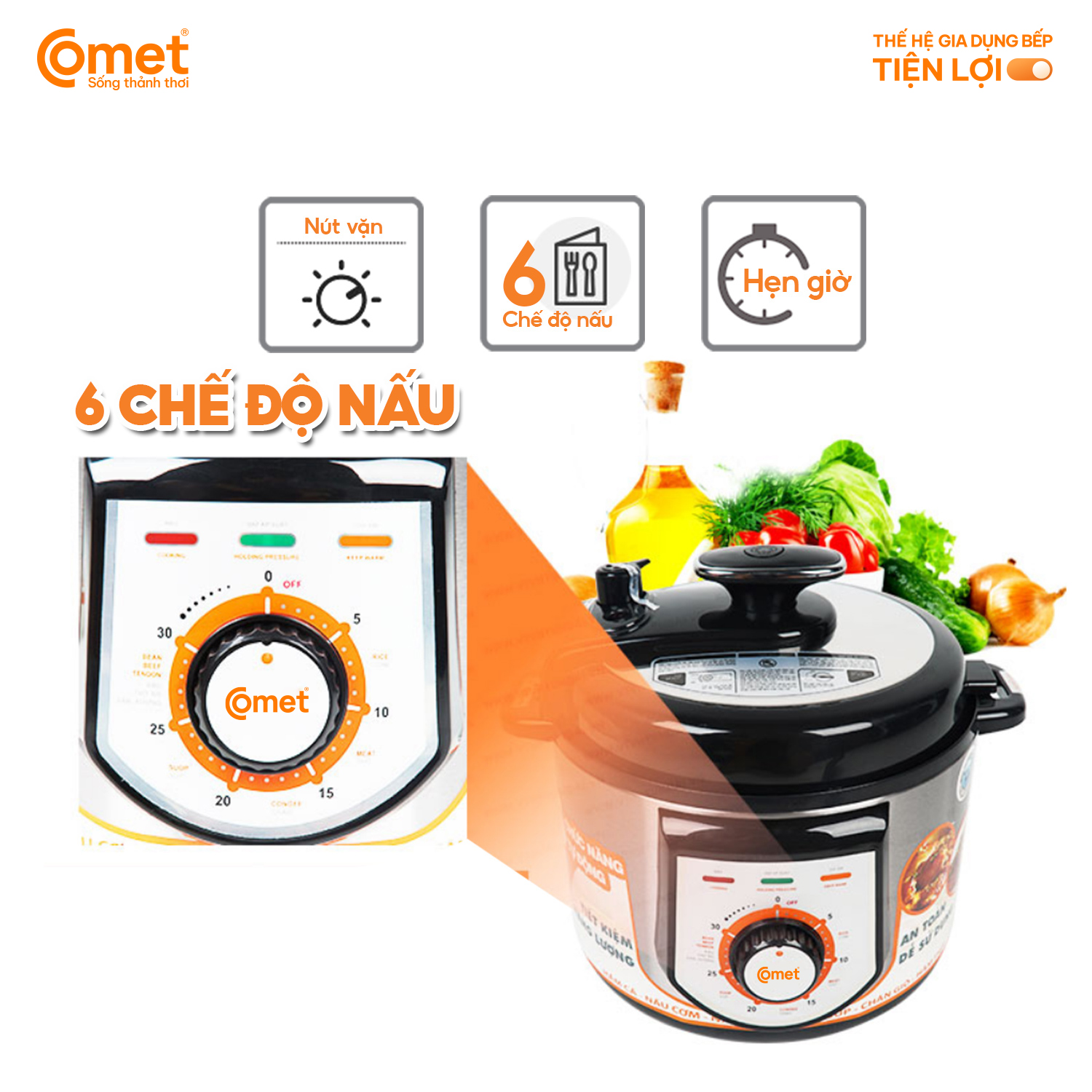 Nồi áp suất điện Comet CM6150 5 lít – 900W, 5 chế độ nấu, lòng chống dính, hàng chính hãng