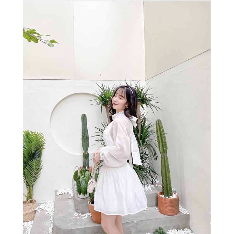 Đầm trắng cổ trụ cao phối bèo tay dài tiểu thư hở lưng