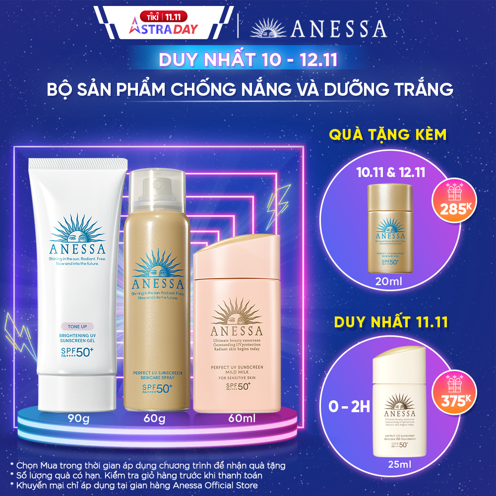 Bộ sản phẩm Kem chống nắng cho da mặt và toàn thân (Anessa Mild Milk 60ml + Brightening Gel 90g + Gold Spray 60g)