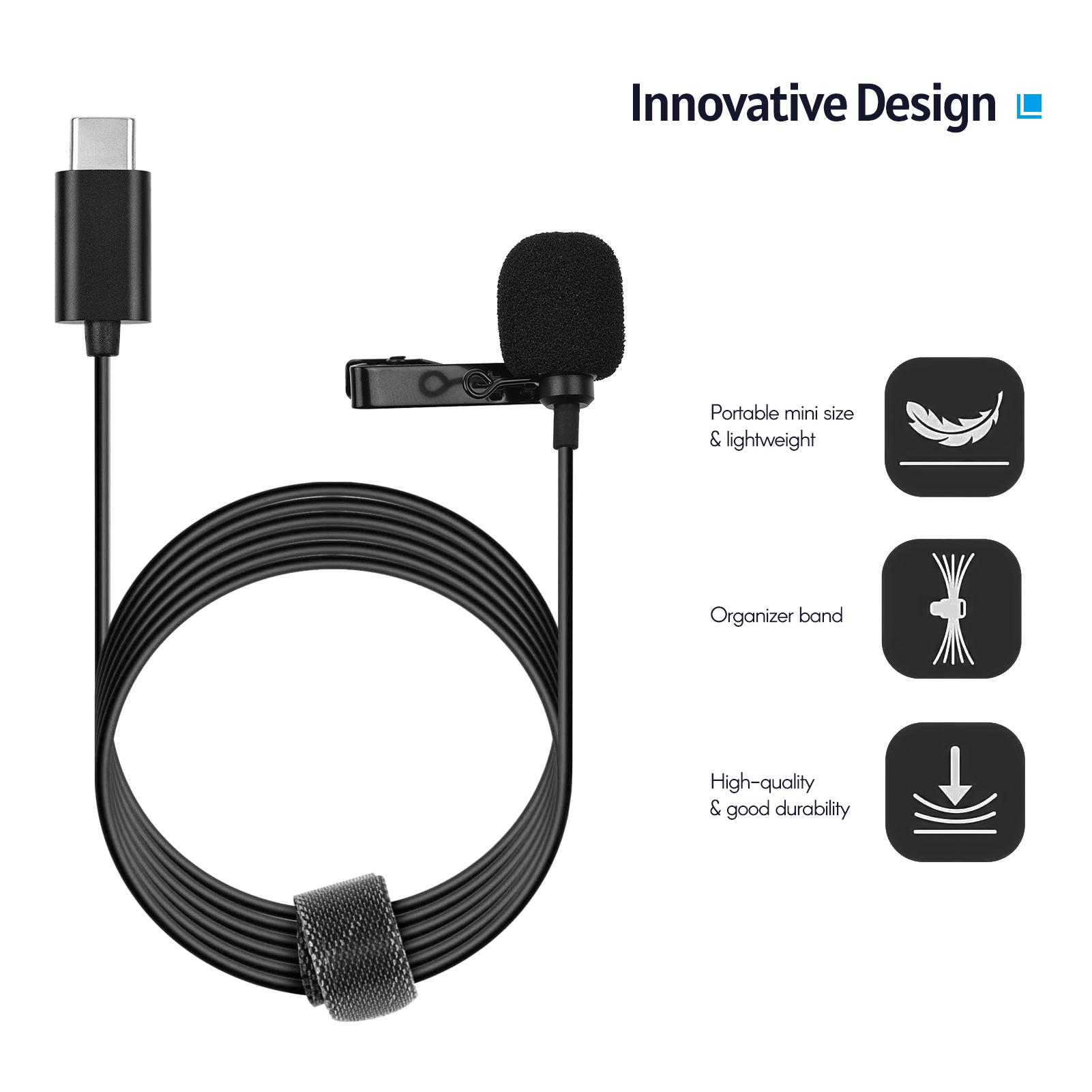 Micro Lavalier mini Type-C Micrô kẹp tụ điện đa hướng với dây cáp dài 1,5 mét, kẹp kim loại