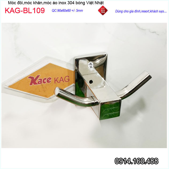 Móc khăn 2 Inox Kace  KAG-BL109 , móc đôi SUS304 Nhật Bản móc treo đồ đế đúc vuông thiết kế cao cấp sử dụng tiện dụng