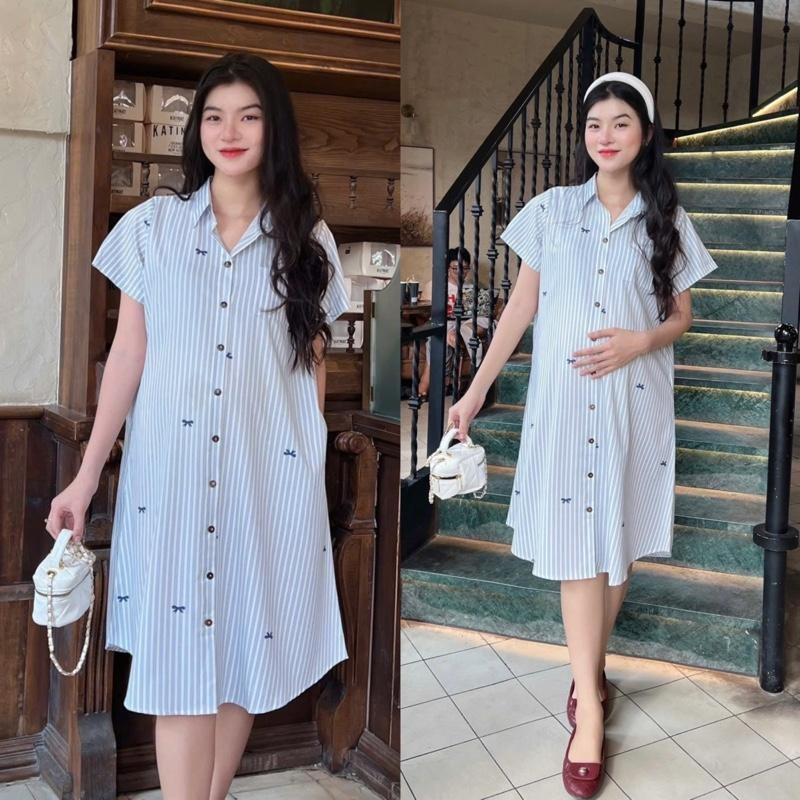 Đầm Bầu Form Dáng Sơ Mi Sọc Xinh Chất Cotton Lụa Mềm Mát, Váy Bầu Cá Tính Size M L - Hồng