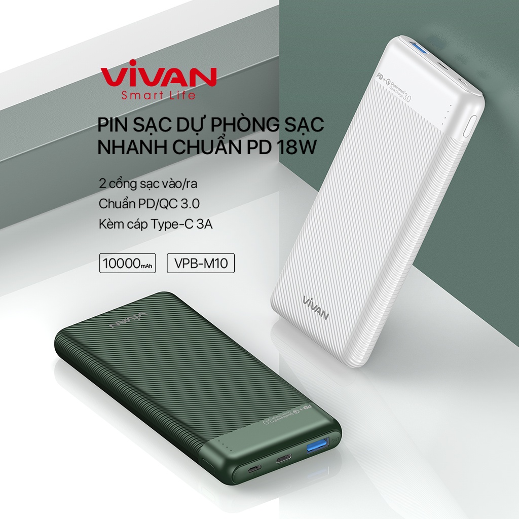 Pin Sạc Dự Phòng 10.000mAh VIVAN VPB-M10 – Sạc Nhanh Chuẩn PD + QS 3.0, Công Suất 18W, 2 Cổng Sạc Vào/Ra - HÀNG CHÍNH HÃNG