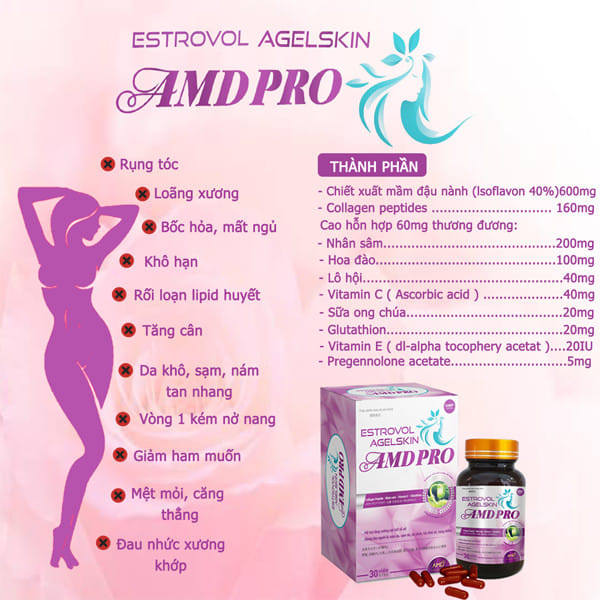Nội Tiết Tố Nữ ESTROVOL AGELSKIN AMDPRO giúp giảm nám, sạm da, ngủ ngon,giảm mệt mỏi, rụng tóc (Lọ 30 Viên)