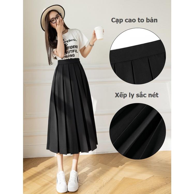 Chân váy Midi xòe dáng dài xếp ly to có BIGSIZE đi làm đi chơi đi học xinh chất tuyết mưa dày dặn màu đen nâu be CV40