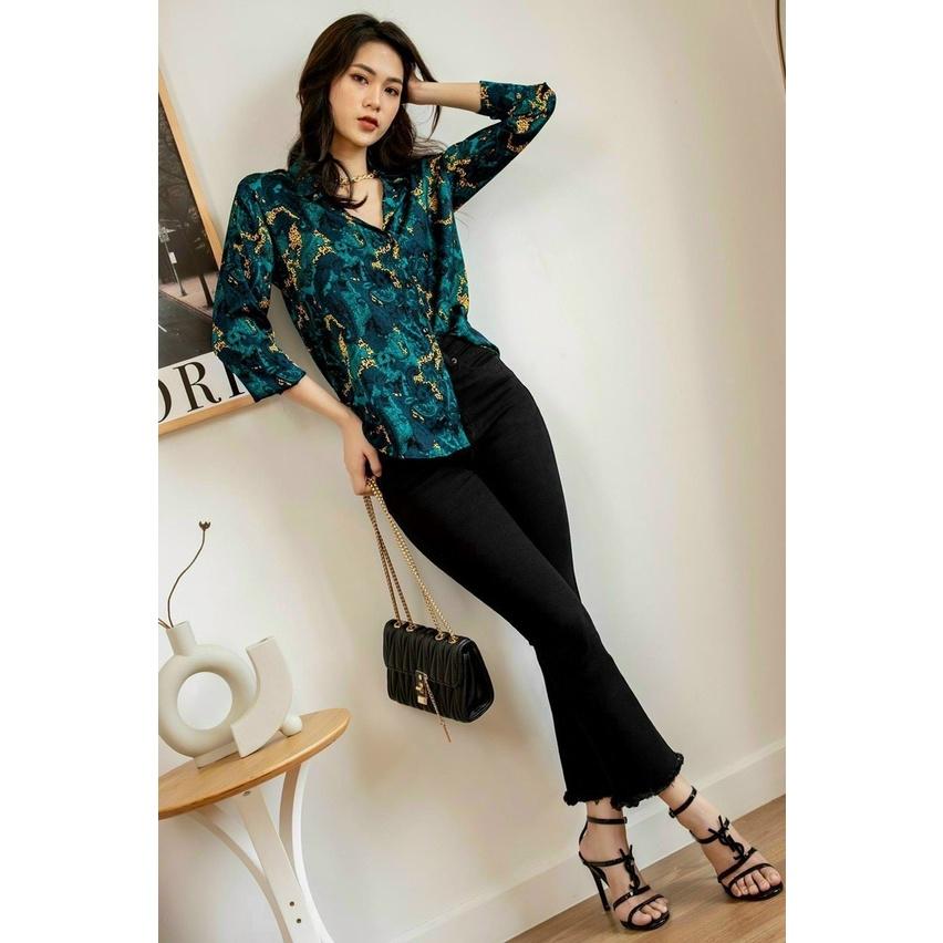 ÁO SƠ MI NỮ DÀI TAY LỤA NHẬT MÀU XANH-BÁO