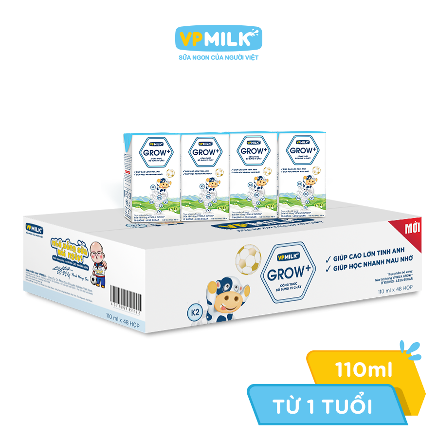 Sữa Tiệt Trùng Ít Đường VPMilk Grow+ Hộp 110ml (Thùng 48 Hộp)