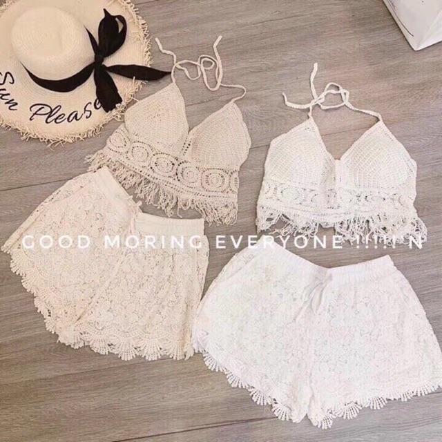 08-Set ren đi biển áo bra móc tua rua quần ren