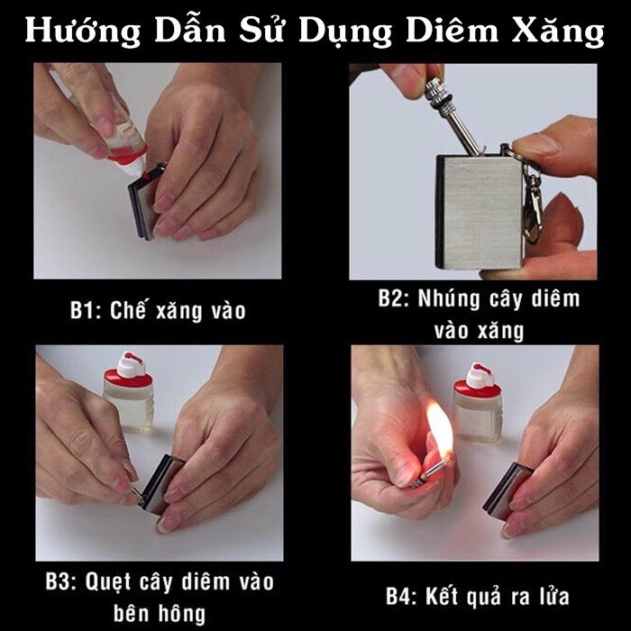 Hộp quẹt bật lửa kiêm móc khóa diêm xăng vuông (diêm xăng sinh tồn) - (xài xăng