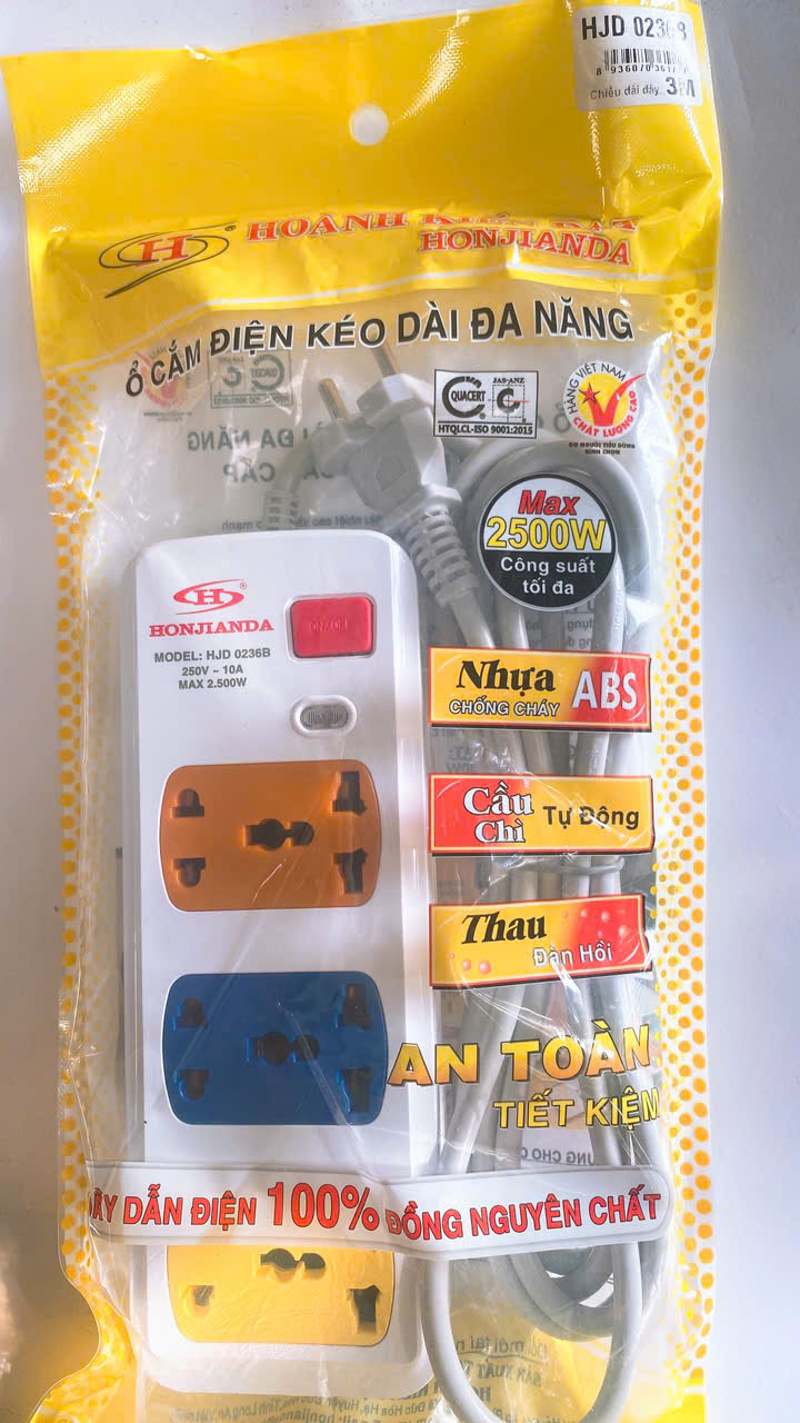 Ổ Cắm Điện Có Cầu Chì Tự Động 6 Lỗ Dây 3m HJD-02B