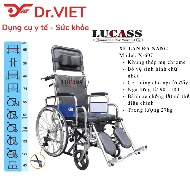 Xe lăn cao cấp đa năng Lucass X607 Chính hãng-Xe ngả nằm có bô, có thắng, 2 bánh xe chống lật cho người già, bệnh nhân, khuyết tật