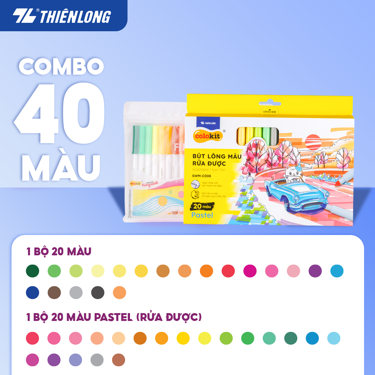 Combo Bút lông màu Fiber Pen Thiên Long Colokit 40/56/76 màu rửa được an toàn sử dụng tô màu, vẽ tranh, calligraphy