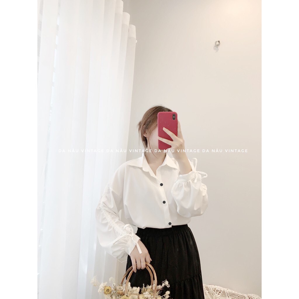 Áo Sơ mi trắng tay dây rút cúc đen dáng thụng ulzzang