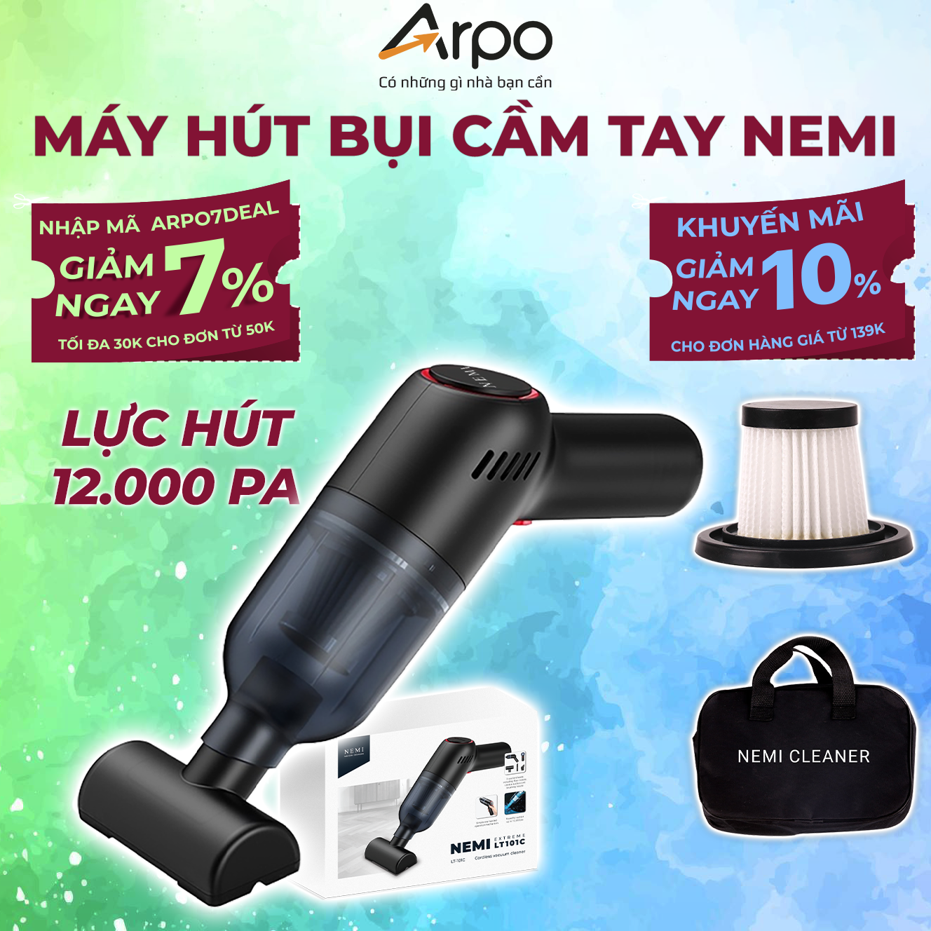 Máy Hút Bụi Giường Đệm Chăn Gối Mini NEMI Lực Hút 12000 PA - Máy Hút Bụi Cầm Tay Có 3 Đầu Hút Cho Ô Tô, Giường Đệm