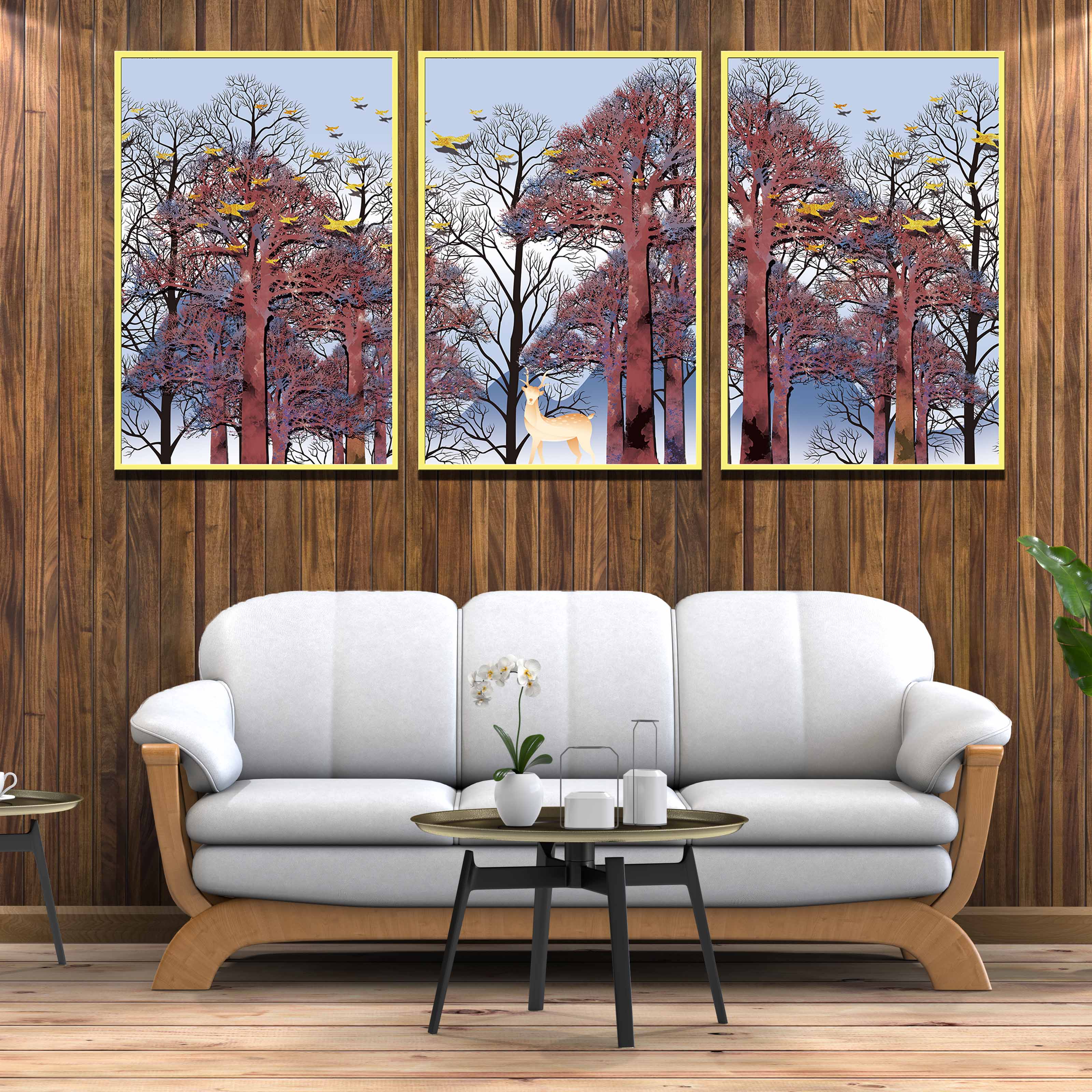 Bộ 3 tranh canvas treo tường Decor họa tiết cách điệu hươu và rừng cây, phong cách hiện đại - DC030