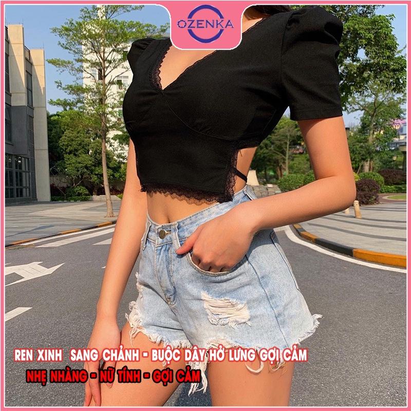 Áo croptop cổ V cộc tay vai bồng phối ren nữ, áo thun nữ ôm body hở lưng gợi cảm buộc dây màu đen dưới 50kg