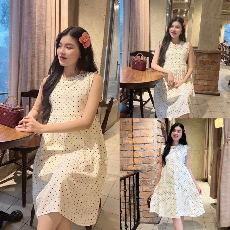 Đầm bầu chấm bi cổ xếp bèo phối tùng liền dễ thương  chất cotton Hàn ( 2 lớp ) - Trắng kem