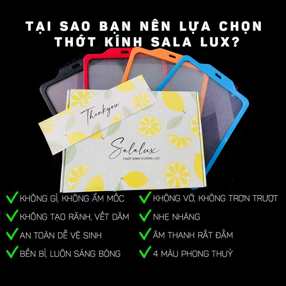 Thớt kính cường lực Sala Lux 2 mặt chặt gà thái thịt viền silicon chống trơn trượt, không nấm mốc