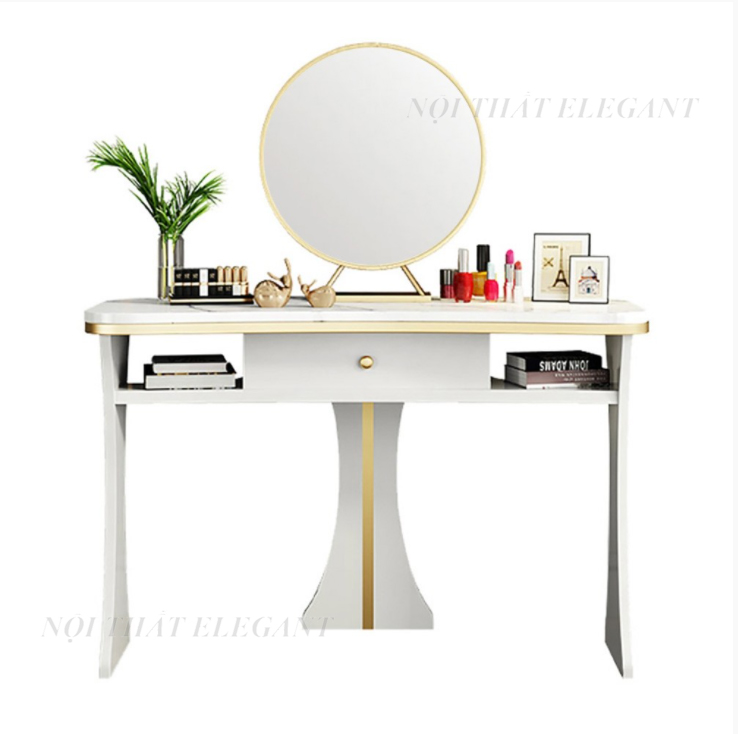 Bộ bàn trang điểm cao cấp Vanity White Faux Top, sang trọng, mặt đá Ceramic, với gương lớn – EL-TD16