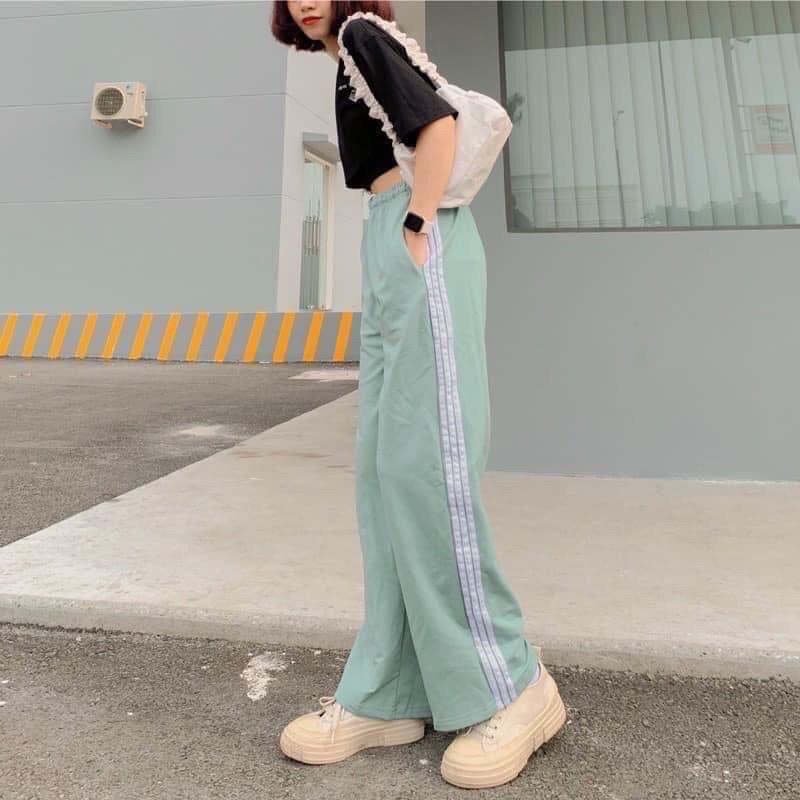 Quần Thể Thao Dáng Dài RAINBOW Nữ Quần Culottes Suông Ống Rộng Kẻ Sọc Phối Màu So Hot