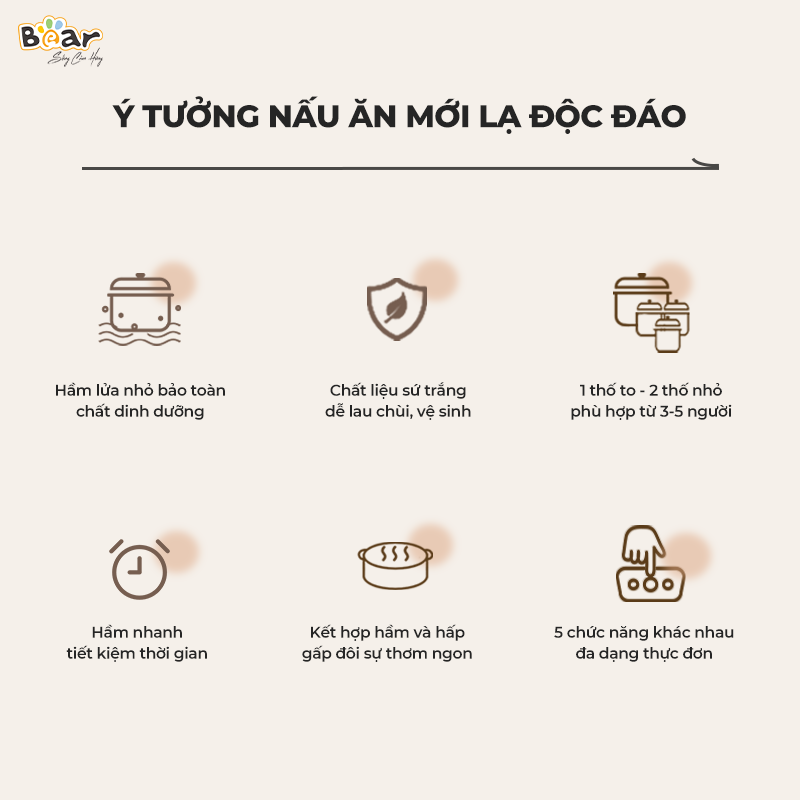 Nồi Nấu Chậm Bear 1,6L Đa Năng 6 Chế Độ Ninh Nấu Hầm Hấp Tiết Kiệm Thời Gian Giữ Trọn Chất Dinh Dưỡng - SB-NNC16 Hàng chính hãng