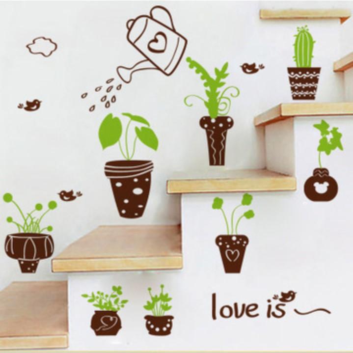 Decal trang trí tường - Nhiều chậu họa tiết trắng ( 2 màu trắng - đen tùy chọn)