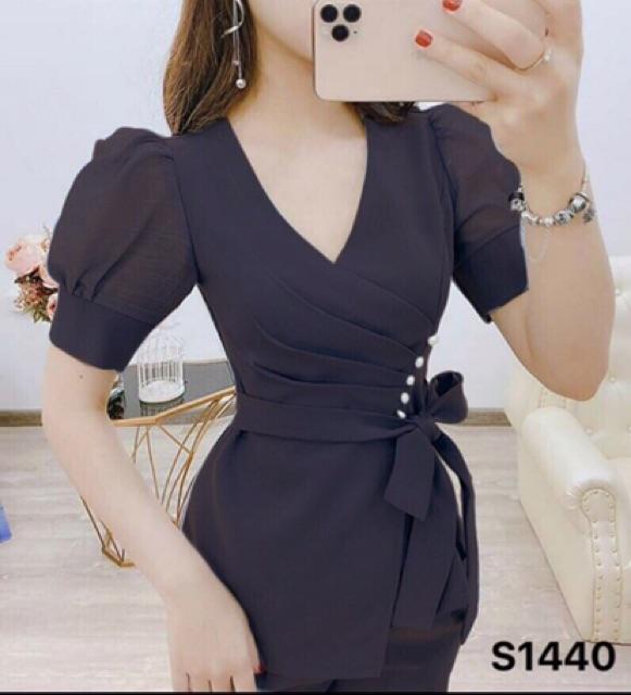 Sét bộ xếp ly đính nơ đóng cườm tay tơ lưới sang chảnh