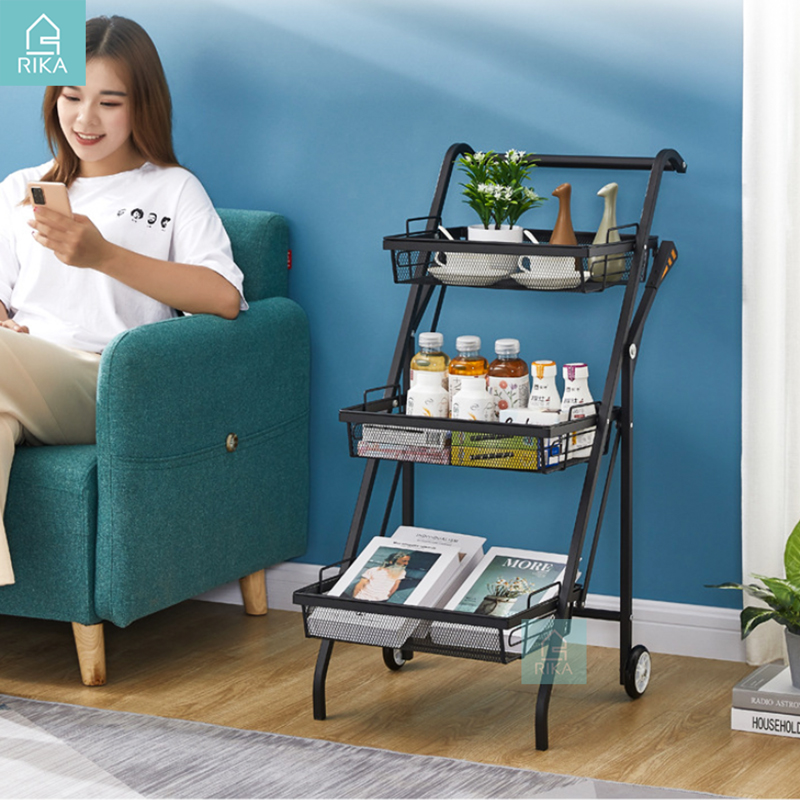 Kệ xe đẩy để đồ đa năng nhà bếp spa phòng tắm RIKA KDN-03, 3 tầng có bánh xe, kệ giá để trái cây, xoong nồi rau củ quả